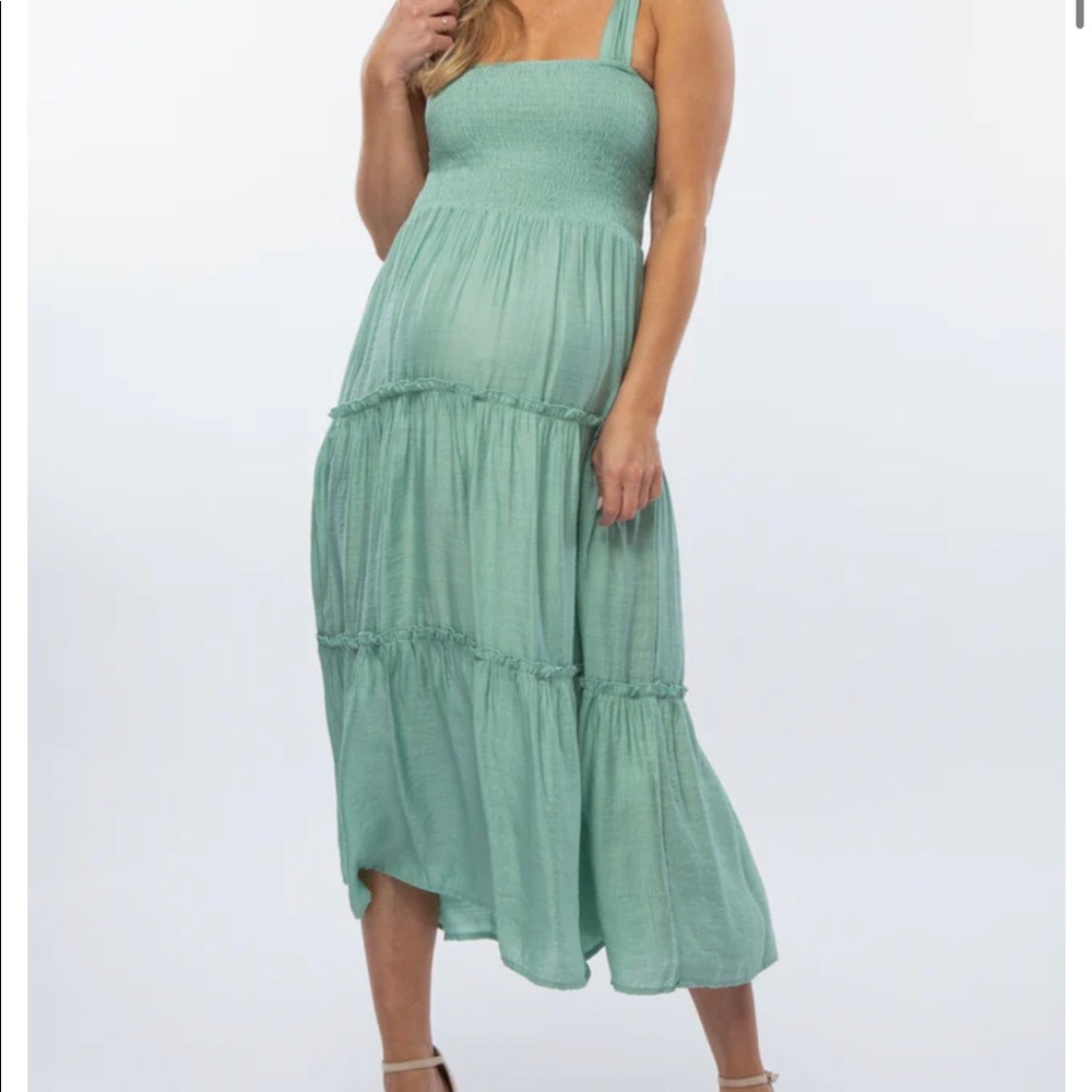 Pink Blush Green Smocked Tie Strap Maternity Dress